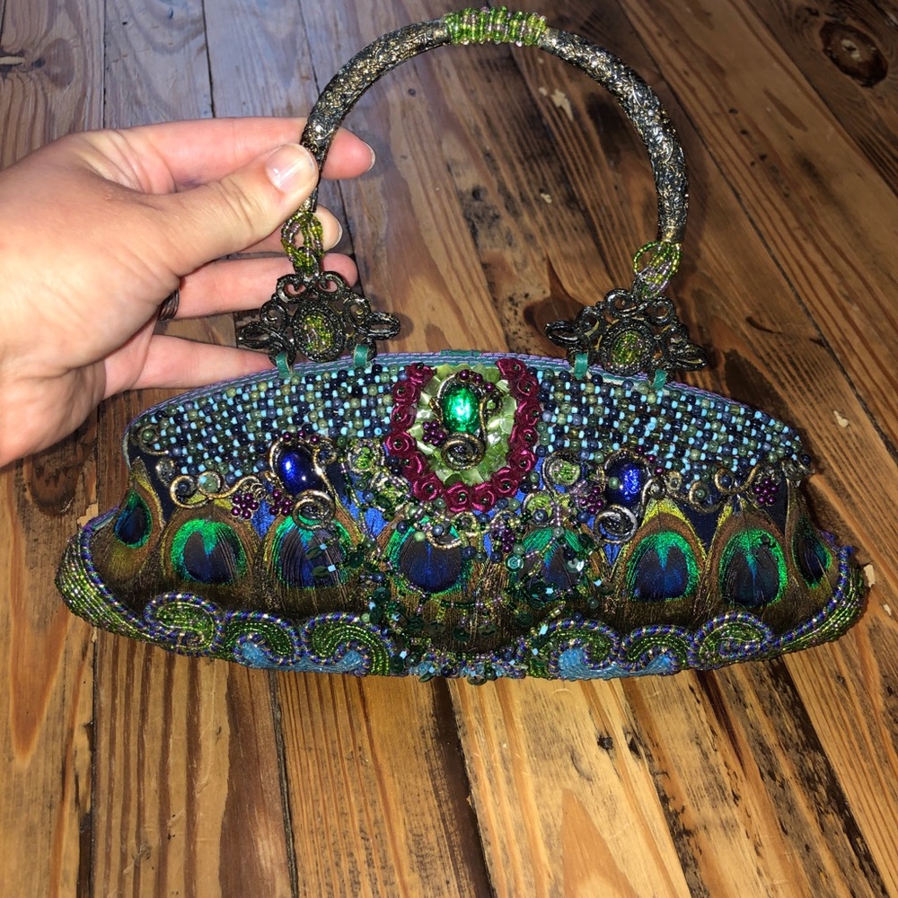 Mary Frances Blue Satin Peacock Feather purse